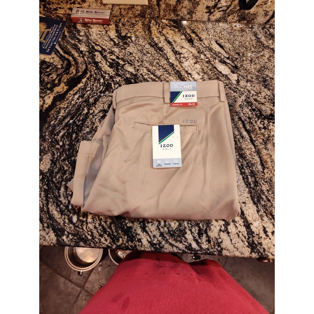 IZOD Golf Pants Men’s 38 NWT Sport Flex Stretch Trousers Sun Control Khaki - Picture 10 of 12